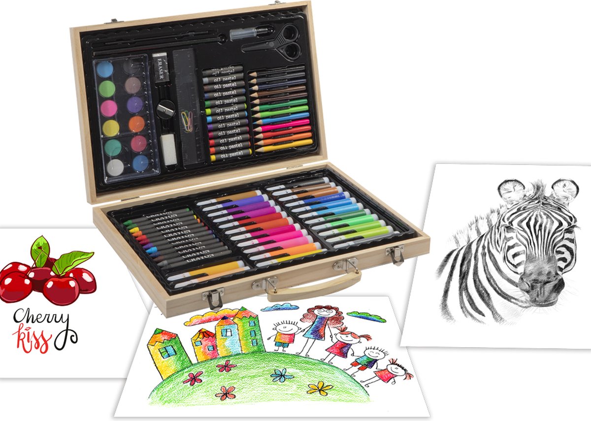 Tekendoos | 86-delig | Creativiteitsdoos voor kinderen | Kleuren | Schminken | tekenen | Knutselen | Grafix